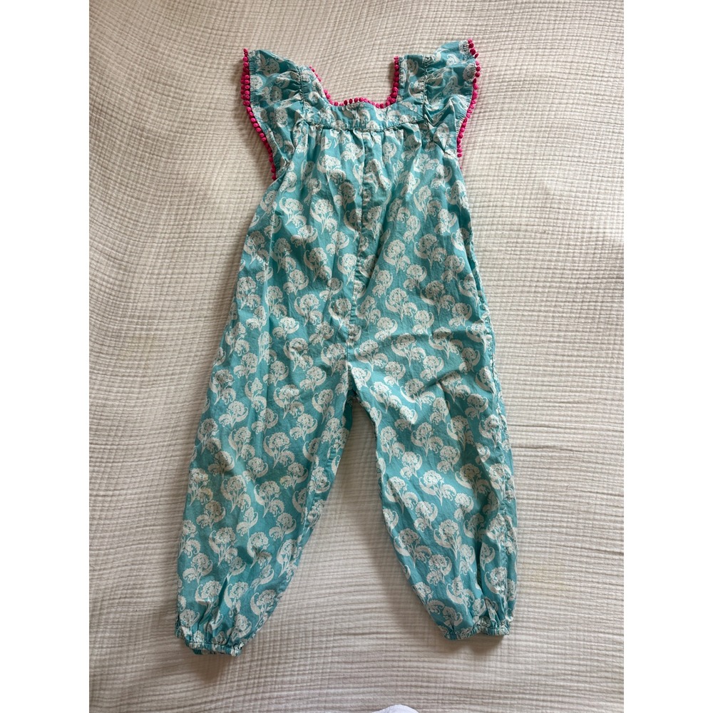 Mini Boden Jumpsuit Blue Floral Pom Pom Trim Flutter Sleeve Boho 3-4Y